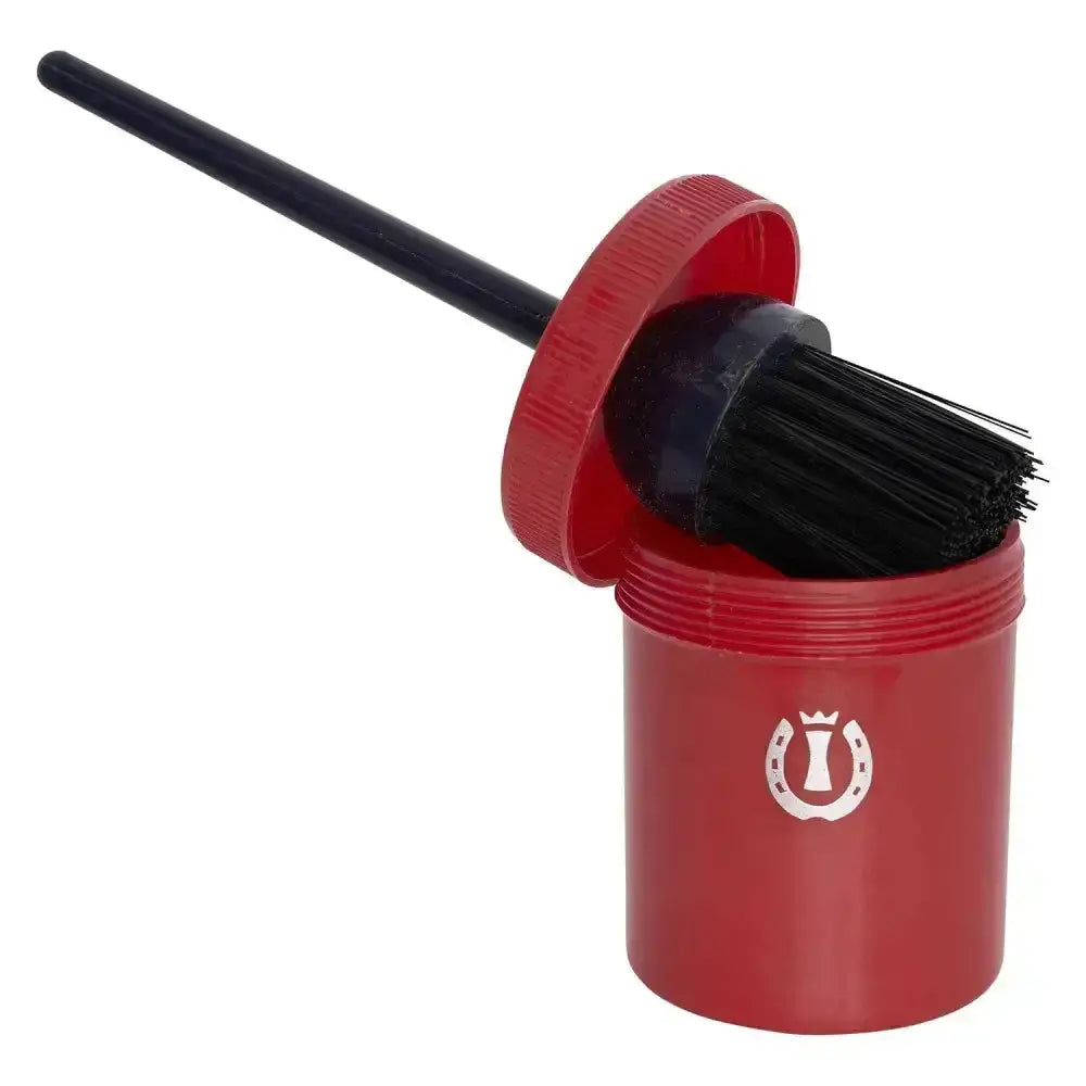 Red plastic imperial riding irhhoof oil brush with black bristles and matching red container with white horseshoe logo