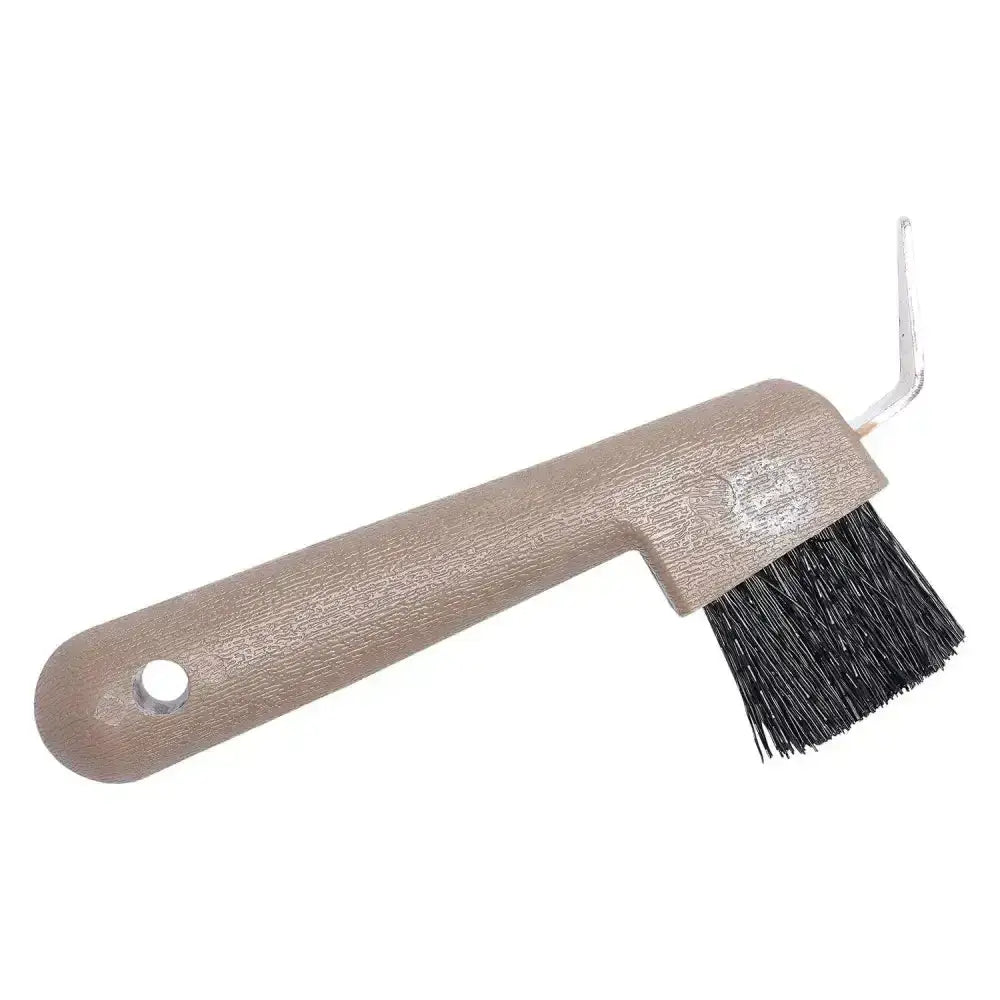 Beige plastic-handled imperial riding hoof pick with black bristles and silver metal hook for easy cleaning