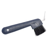 Black plastic-handled imperial riding hoof pick with dense black bristles and silver metal hook for grooming and cleaning