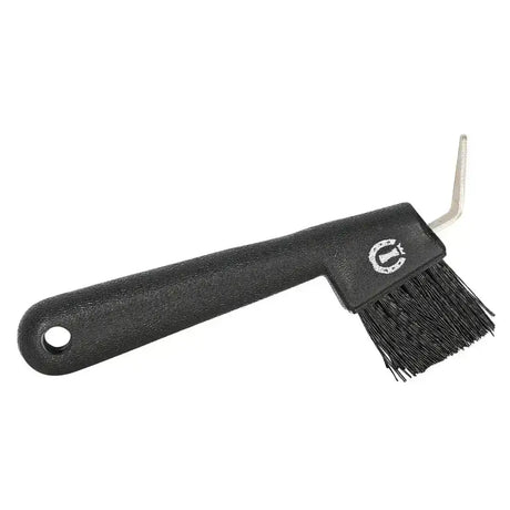 Black plastic-handled imperial riding hoof pick with black bristles and silver metal hook for easy cleaning