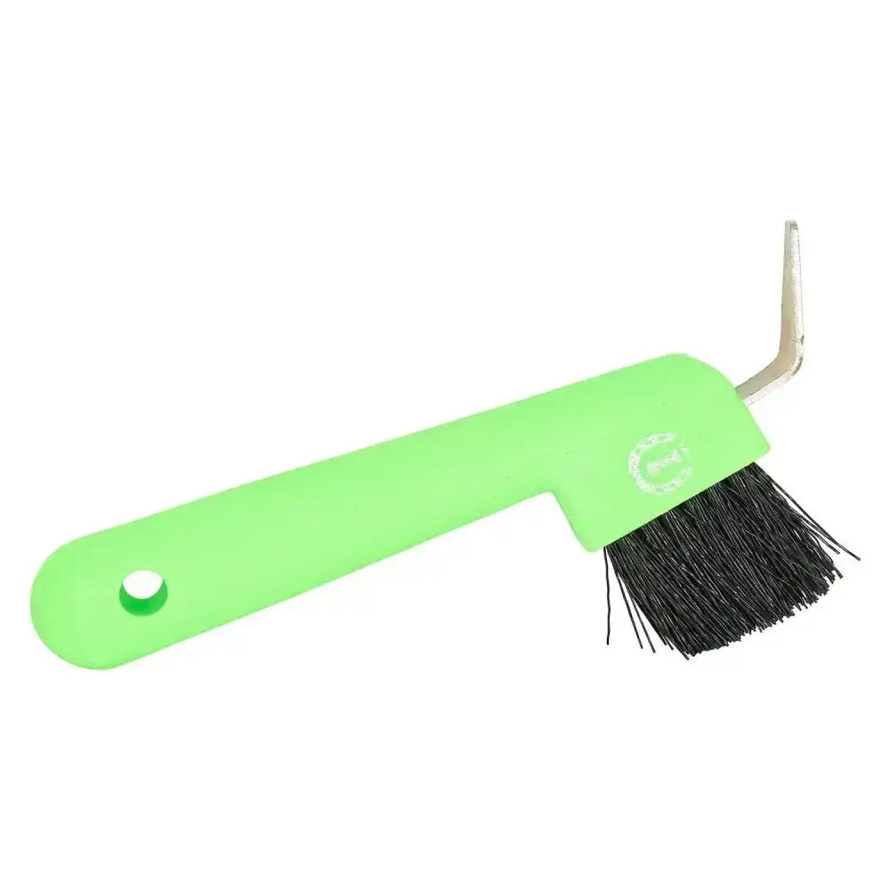 Bright green plastic imperial riding hoof pick with black bristles and metal hook for easy cleaning horse hooves