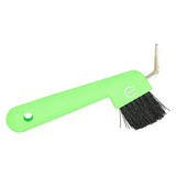 Bright green plastic imperial riding hoof pick with black bristles and metal hook for easy cleaning horse hooves