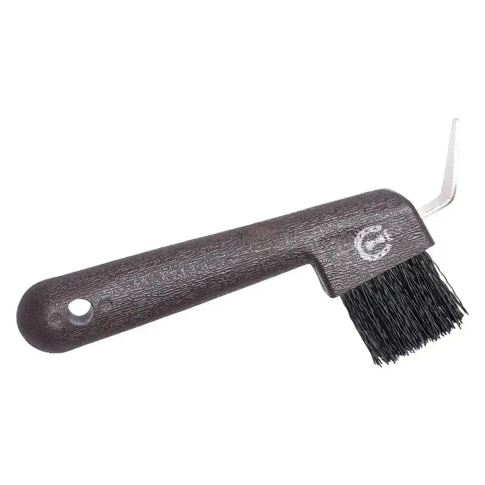 Imperial riding hoof pick with dark brown textured handle black bristles and silver metal hook for easy cleaning