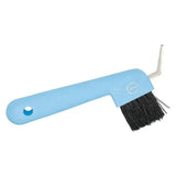 Imperial riding hoof pick with light blue plastic handle black bristles and metal hook for easy hoof cleaning