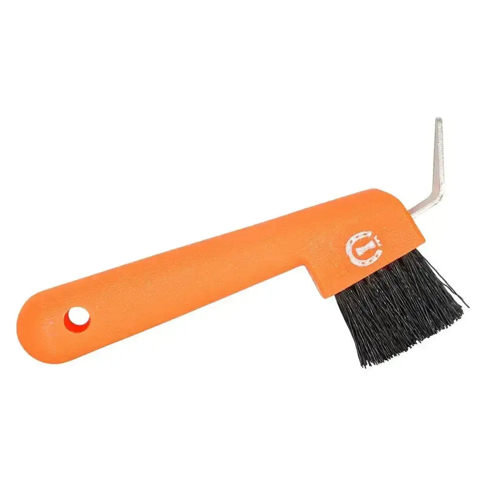 Orange plastic imperial riding hoof pick brush with black bristles and silver metal hook for easy hanging