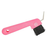 Pink plastic imperial riding hoof pick with black bristles and silver metal hook for easy use and cleaning horse hooves