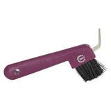 Purple plastic-handled imperial riding hoof pick with black bristles and silver metal hook for easy cleaning