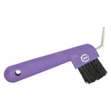 Imperial riding hoof pick with purple plastic horse brush black bristles and silver metal hook attachment