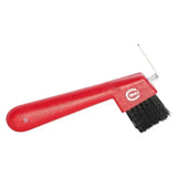 Red plastic-handled imperial riding hoof pick with black bristles and metal hook for easy horse hoof cleaning