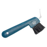 Teal plastic imperial riding hoof pick with black bristles and silver metal hook for easy cleaning and grooming