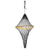 Black woven net imperial riding irheasyfill haynet with natural wood ring at center for easy hay feeding