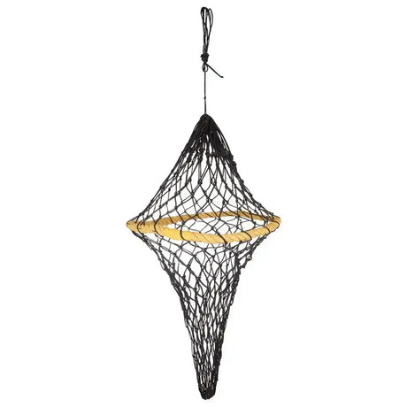 Black woven net imperial riding irheasyfill haynet with natural wood ring at center for easy hay feeding