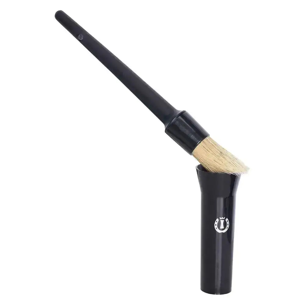 Black horsehair imperial riding irhhoof oil brush with glossy handle and matching cylinder holder with white logo