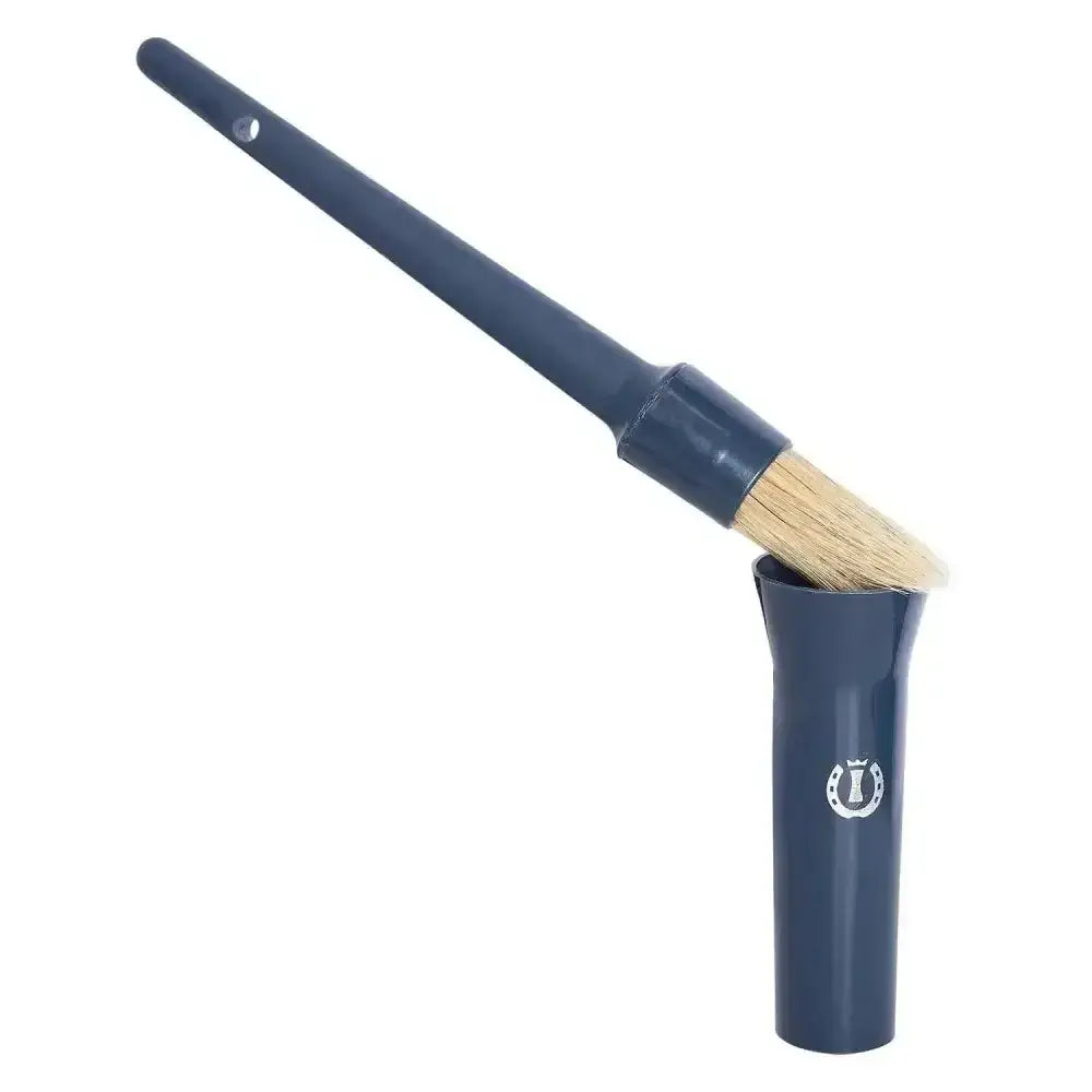 Navy blue imperial riding irhhoof oil brush with natural bristles and matching tube featuring horseshoe logo