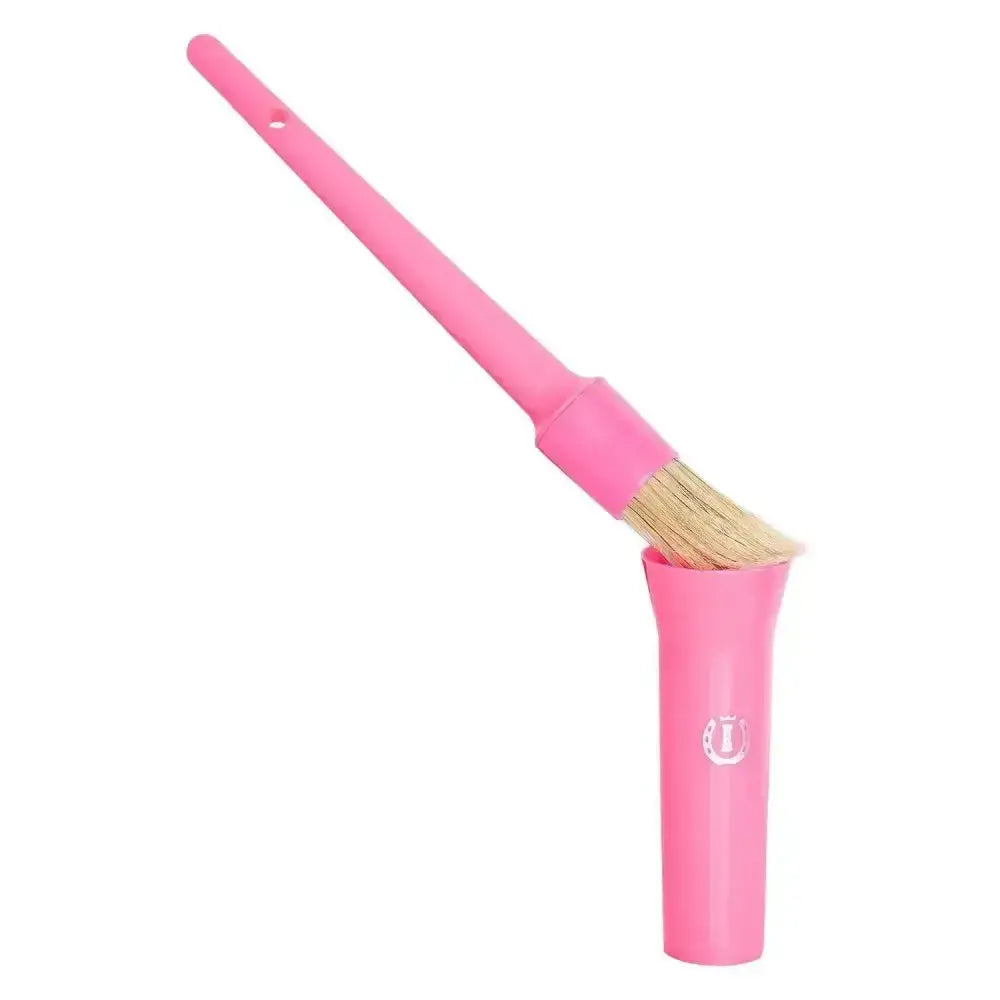 Pink imperial riding irhhoof oil brush with natural bristles, matching handle, and protective sleeve for easy use