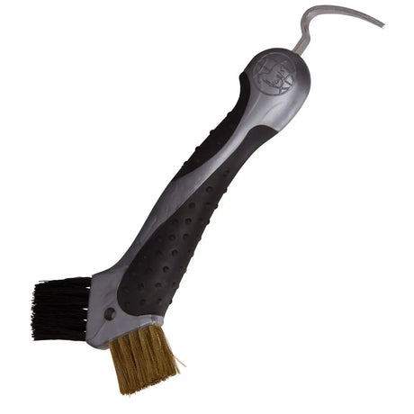 Black and silver dual-bristle imperial riding irhhoof pick scraper with hook for easy hanging and cleaning hooves
