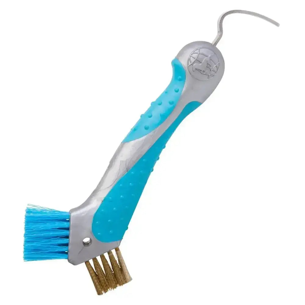 Blue and silver dual-bristle imperial riding irhhoof pick scraper with curved hook handle for easy hoof cleaning