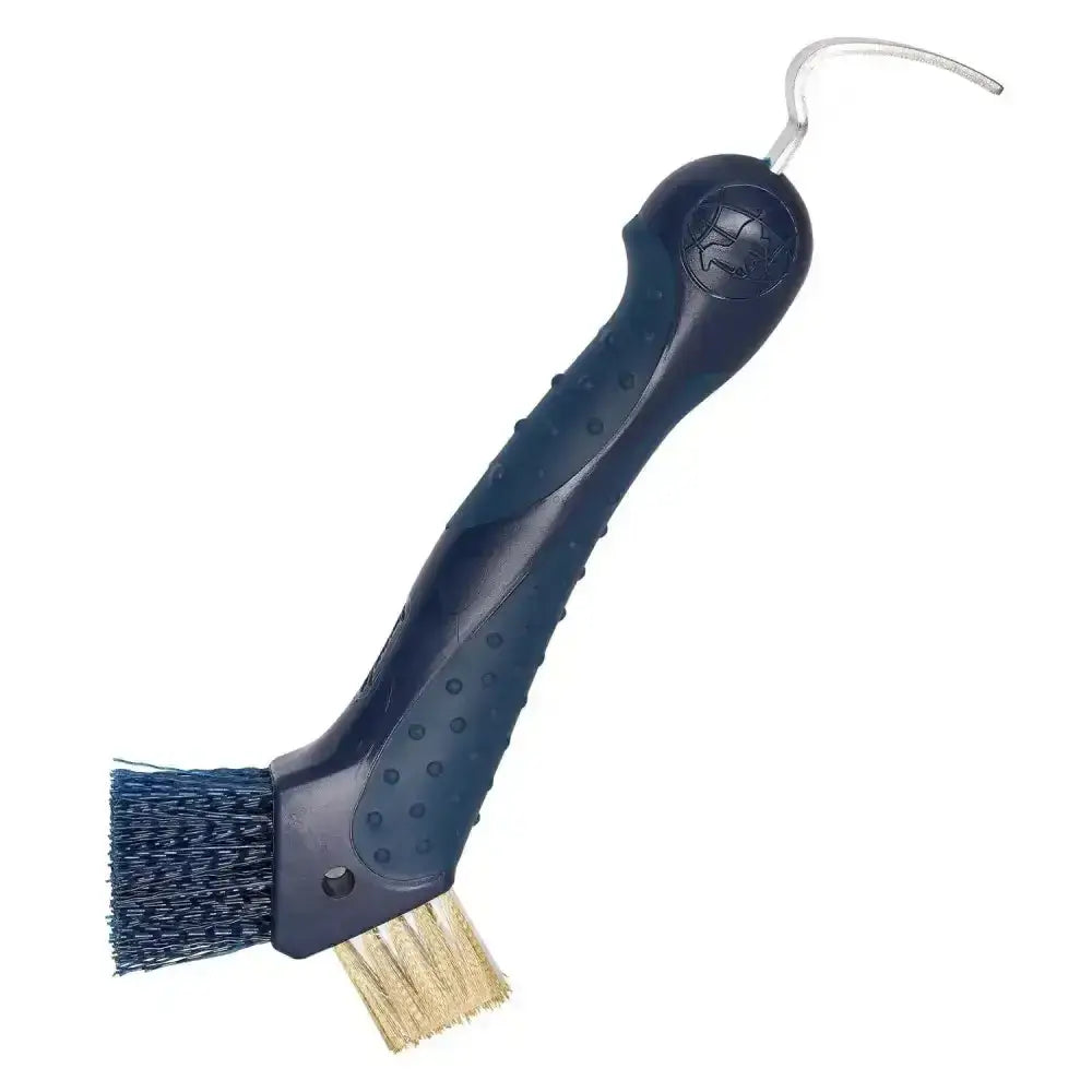 Dark blue imperial riding irhhoof pick scraper with dual bristle heads and curved metal hook for easy cleaning