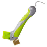 Lime green and gray dual-bristle imperial riding irhhoof pick scraper with curved hook handle for easy cleaning