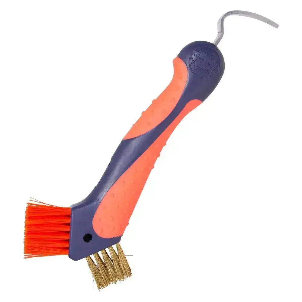 Imperial riding irhhoof pick scraper with orange and navy ergonomic handle dual-sided brush heads and curved metal hook