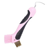 Pink and black imperial riding irhhoof pick scraper with dual-sided soft and stiff bristles and a curved hook