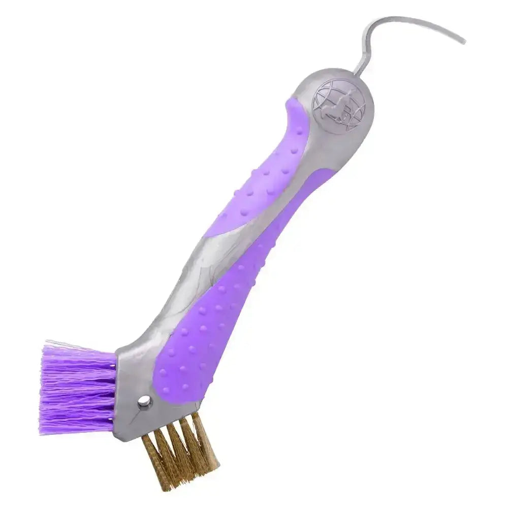 Imperial riding irhhoof pick scraper in purple and silver with soft bristles and stiff brass brushes for cleaning hooves