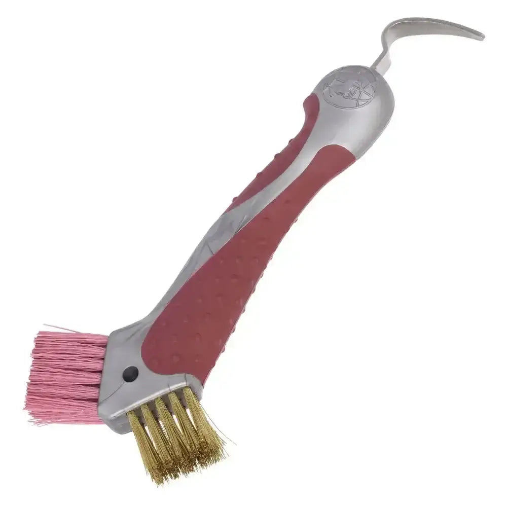 Imperial riding irhhoof pick scraper with red and silver handle and pink and brass bristles for easy hoof cleaning