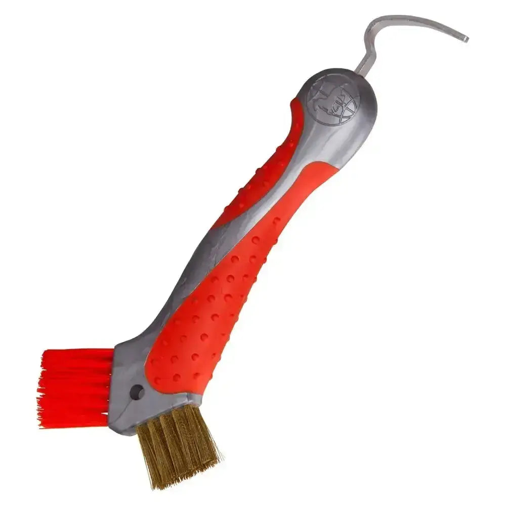 Imperial riding irhhoof pick scraper with silver black handle curved hook and dual-sided brush with black and brass bristles