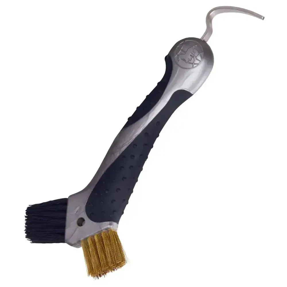 Imperial riding irhhoof pick scraper with silver black handle curved hook and dual brush sides with black and brass bristles