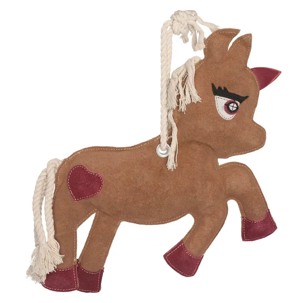 Brown suede pony stable buddy ornament with red heart patch and stitched details from imperial riding irhstable buddy unicorn