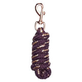 A coiled dark purple imperial riding lead rope irhgo with gold braided accents and a polished brass irhgo star snap hook