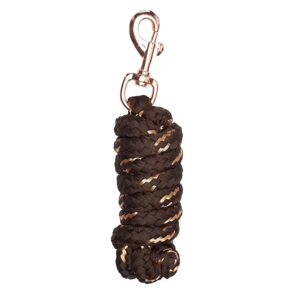 A coiled dark brown imperial riding lead rope irhgo with gold zigzag patterns and a polished irhgo star snap hook