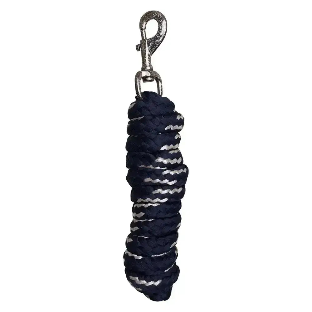 A coiled navy blue and silver reflective imperial riding lead rope irhgo with a sturdy irhgo star snap hook metal clip