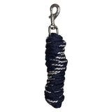 A coiled navy blue and silver reflective imperial riding lead rope irhgo with a sturdy irhgo star snap hook metal clip