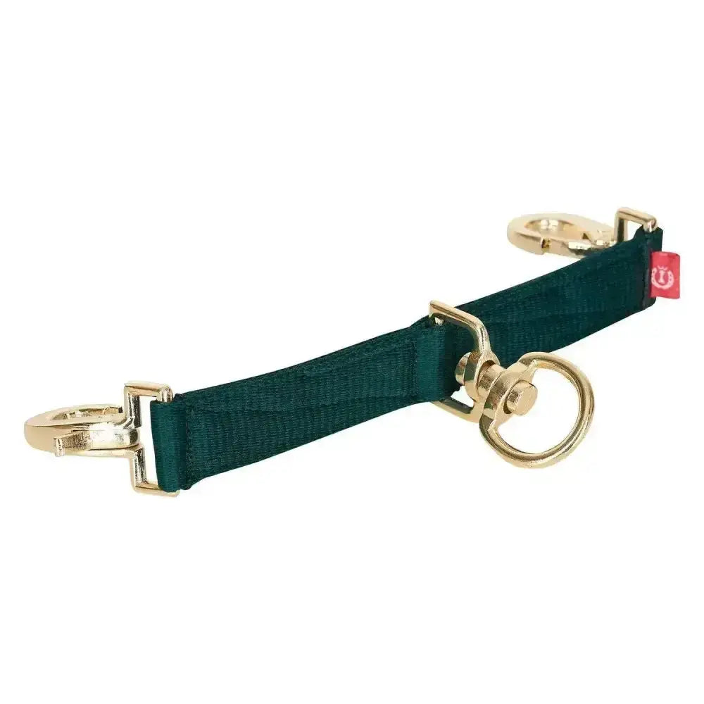 Dark green woven nylon lunging girth bit strap with gold metal hardware and red tag from imperial riding lunging gear