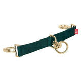 Dark green woven nylon lunging girth bit strap with gold metal hardware and red tag from imperial riding lunging gear