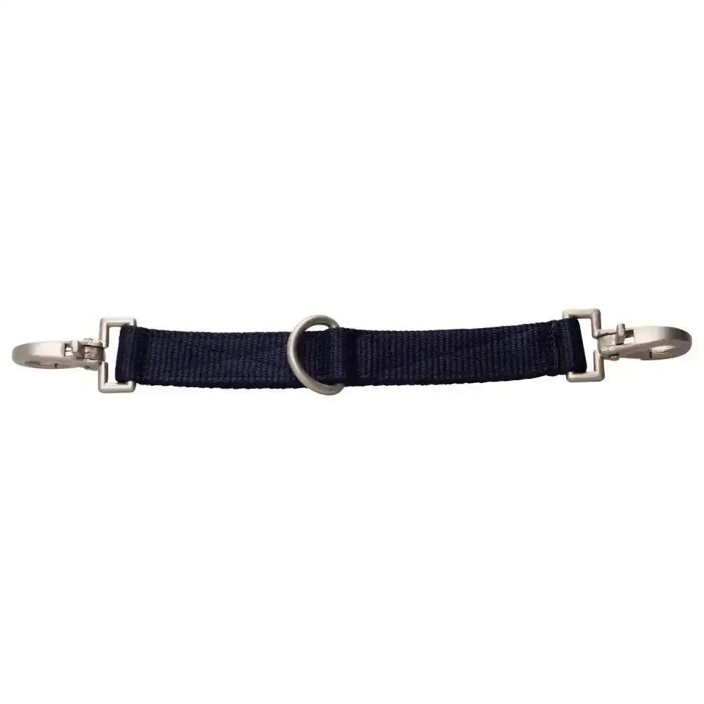 Dark blue woven nylon imperial riding lunging girth bit strap with silver metal hardware and central d-ring