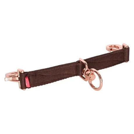 Brown woven nylon imperial riding lunging girth bit strap with rose gold hardware and small pink accent tag