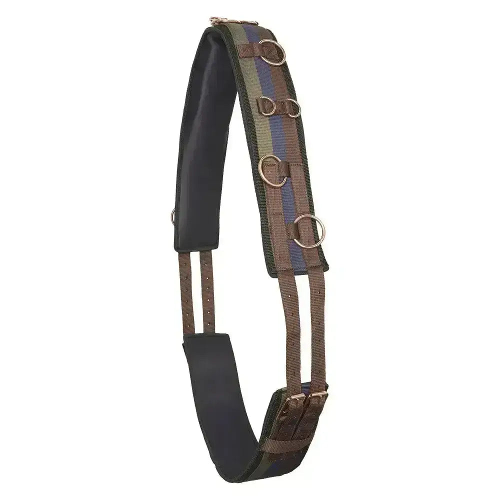 Brown and blue striped horse saddle pad with black padding shown with imperial riding lunging girth deluxe extra multi walnut