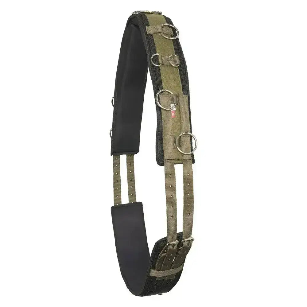 Olive green and black tactical horse saddle pad with reinforced metal d-rings and adjustable straps for imperial riding lunging girth deluxe