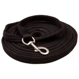 Black braided cotton imperial riding lunging line soft cushion web with silver metal swivel hook and snap