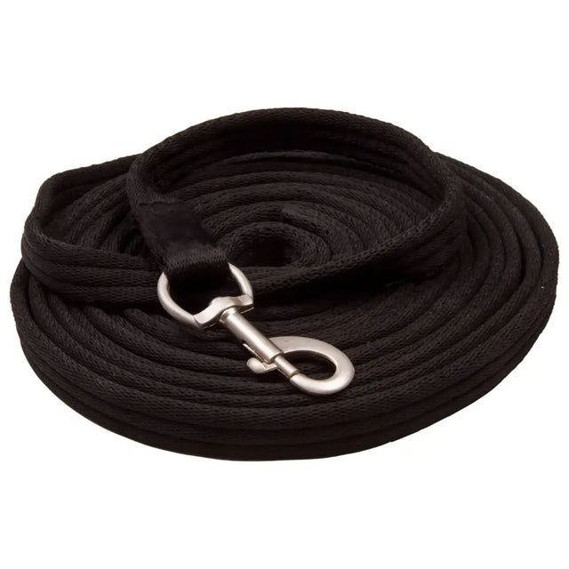 Black braided cotton imperial riding lunging line soft cushion web with silver metal swivel hook and snap