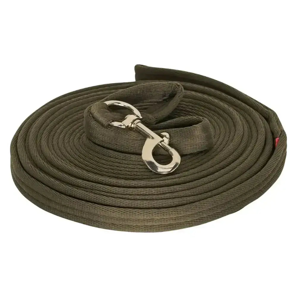 Dark olive green woven rope imperial riding lunging line soft with silver metal d-ring clasp for easy handling