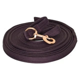 Dark brown woven imperial riding lunging line soft cushion web with gold-toned metal buckle for training horses