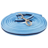 Light blue woven imperial riding lunging line with navy trim and silver clasp for comfortable horse lunging