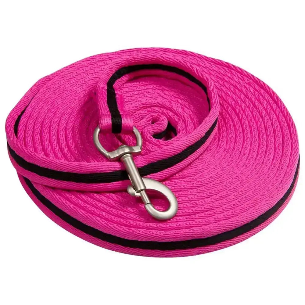 Bright pink imperial riding lunging line with black trim and silver clip made of soft nylon impulz lunge rein