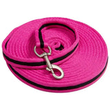 Bright pink imperial riding lunging line with black trim and silver clip made of soft nylon impulz lunge rein