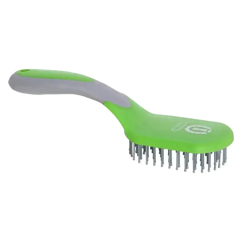Bright green and gray imperial riding mane and tail brush irhboomerang with curved handle and dense metal bristles