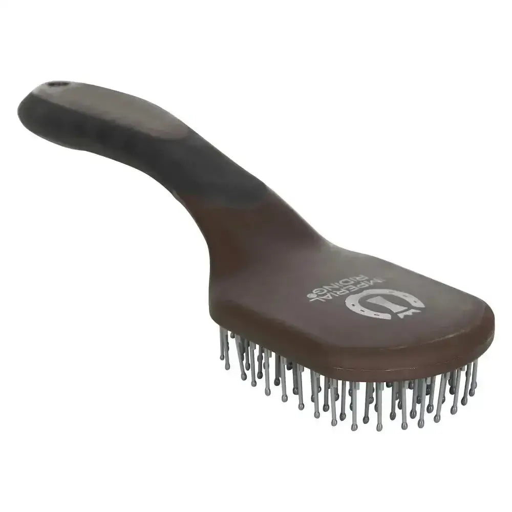 Brown imperial riding mane and tail brush irhboomerang with silver metal bristles and white logo on handle