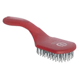 Red plastic imperial riding mane and tail brush irhboomerang with silver metal bristles and horseshoe logo on handle